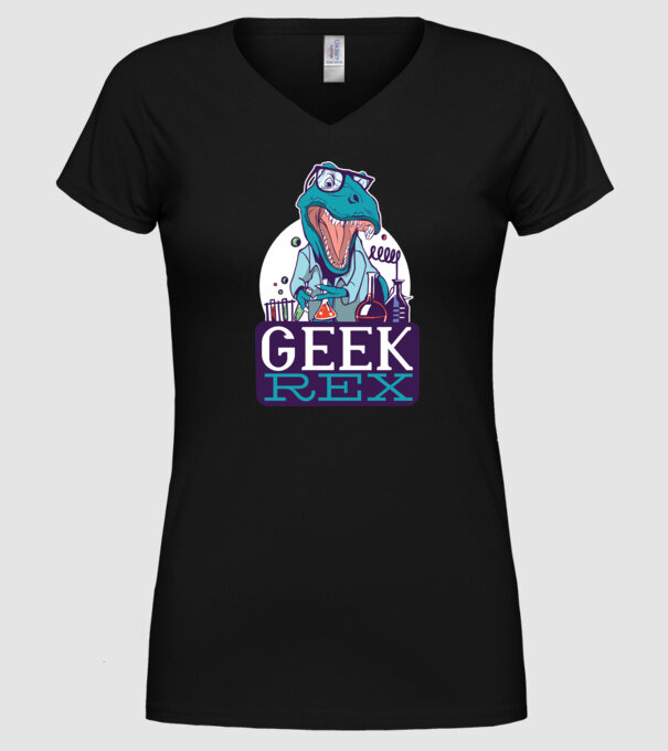 Geek Rex dinozaur tricou model negru pe tricou