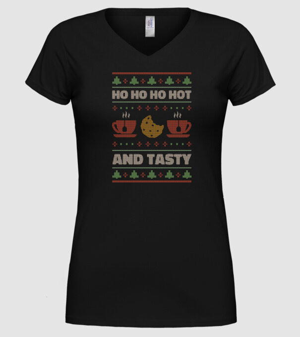 Ho Ho Ho Hot and Tasty Pulovăr urât model negru pe tricou