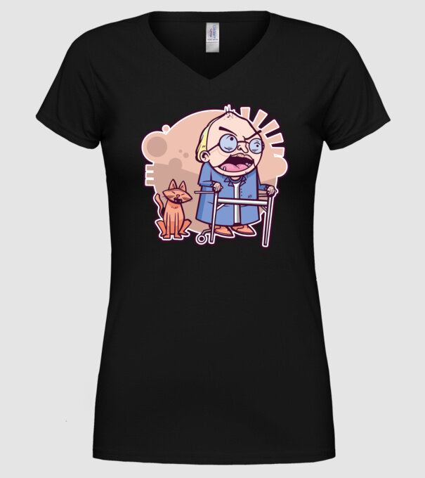 Bunic în vârstă cu pisică model negru pe tricou