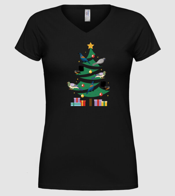 Pom de Crăciun cu păsări model negru pe tricou