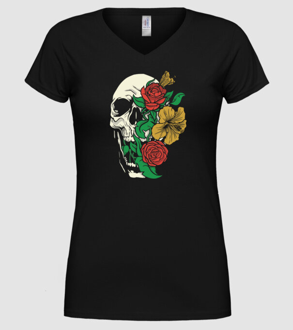 Trandafir craniu model negru pe tricou