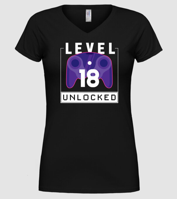Level 18 Unlocked Gamer Birthday model negru pe tricou