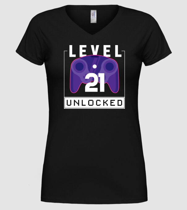 Level 21 Unlocked Gamer Birthday model negru pe tricou