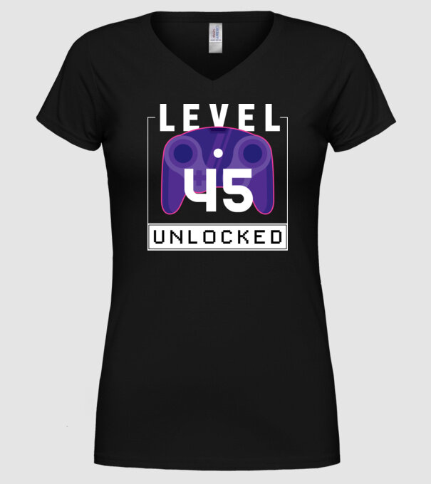 Level 45 Unlocked Gamer Birthday model negru pe tricou
