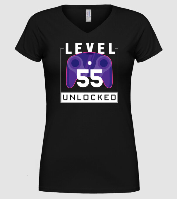 Level 55 Unlocked Gamer Birthday model negru pe tricou