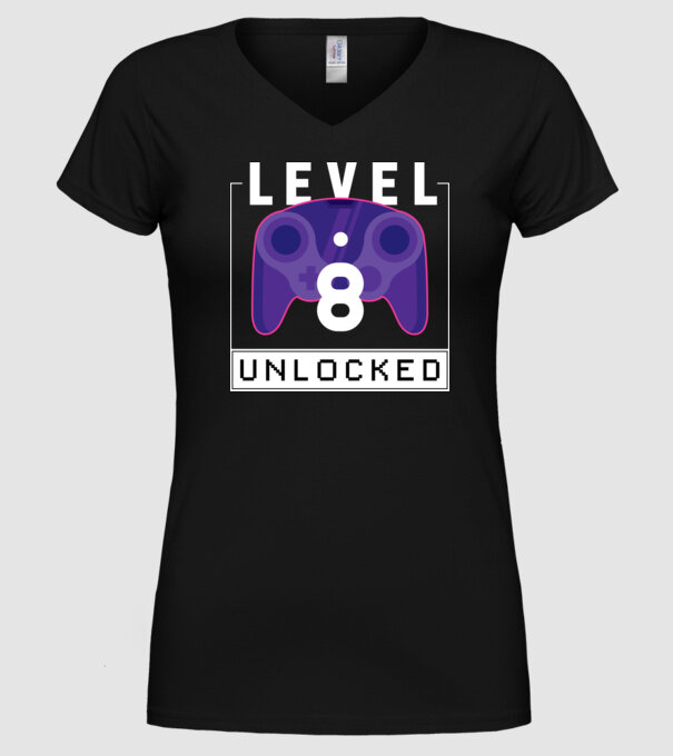 Level 8 Unlocked Gamer Birthday model negru pe tricou
