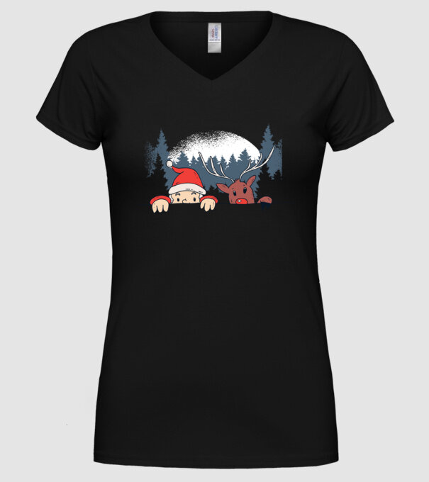 Moș Crăciun și Rudolf trag cu ochiul model negru pe tricou