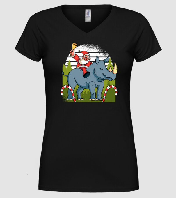 Moș Crăciun pe Rinocer model negru pe tricou