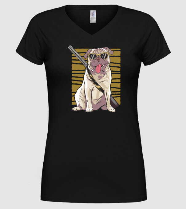 Mops cu pușcă tricou amuzant cu câine model negru pe tricou