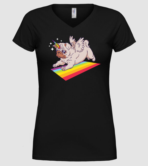 Mops unicorn model negru pe tricou