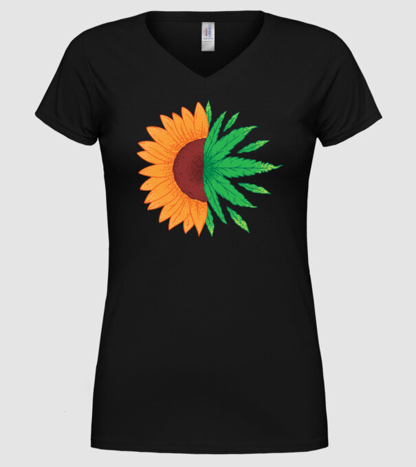 Floarea-soarelui Cannabis model negru pe tricou