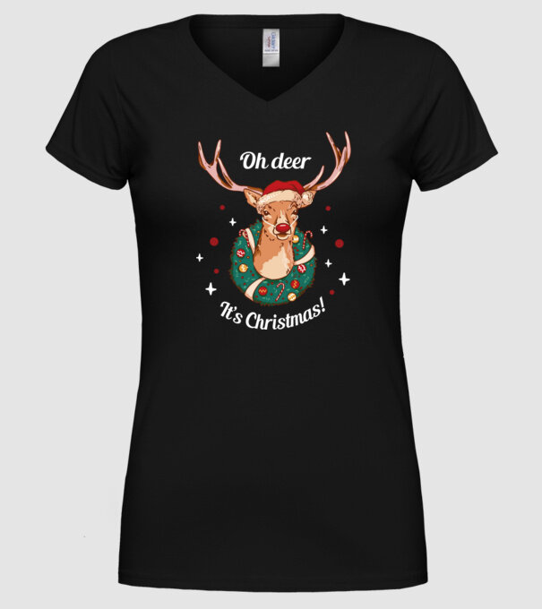 Oh deer, Christmas is here model negru pe tricou