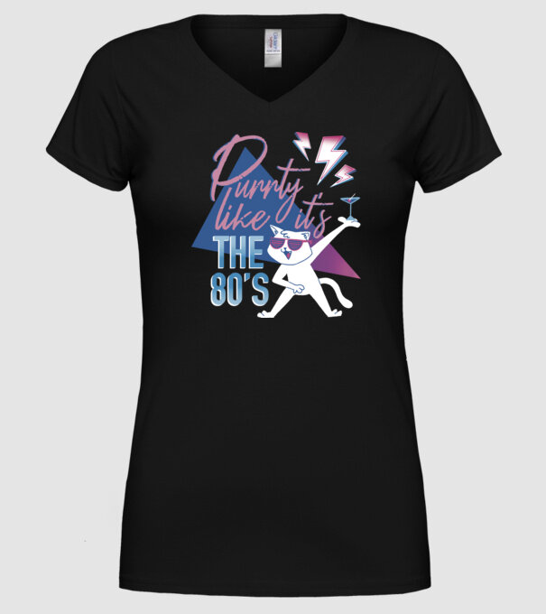 'Purrty Like it''s the 80''s' model negru pe tricou
