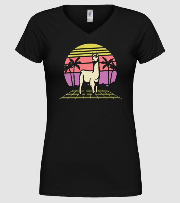 Lama Retro model negru pe tricou