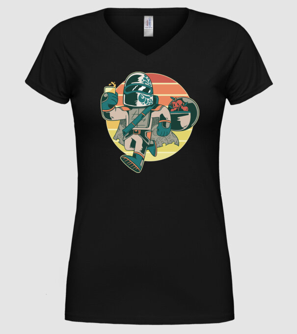 Războinic Mandalorian Retro model negru pe tricou