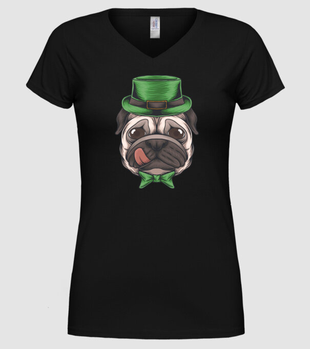 Mops Sfântul Patrick model negru pe tricou