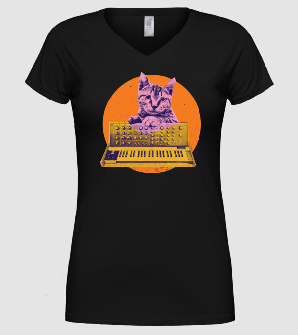 Pisică cu sintetizator model negru pe tricou