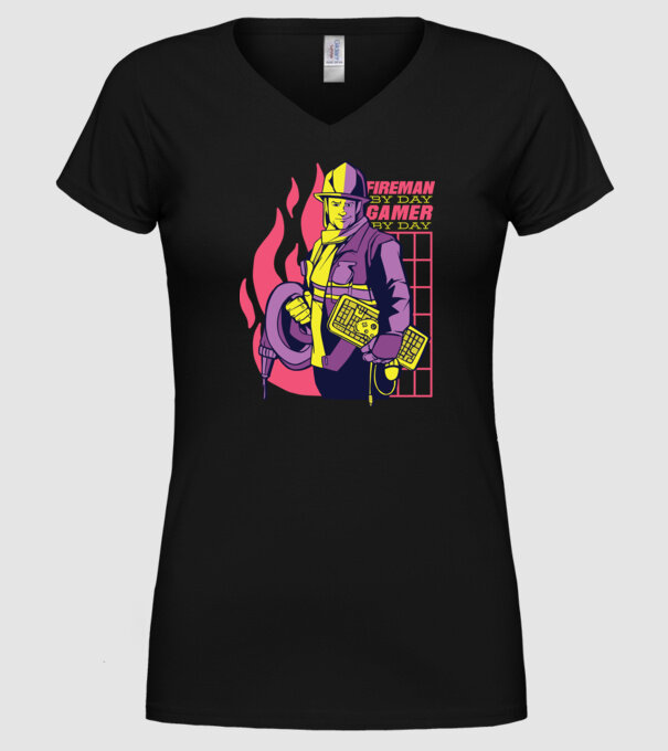 Pompier ziua, Gamer noaptea model negru pe tricou