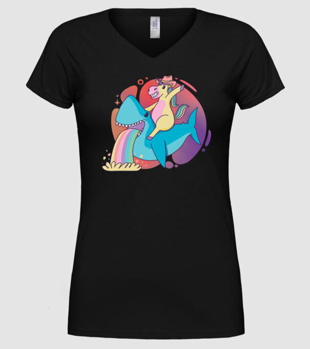 Unicorn pe rechin model negru pe tricou