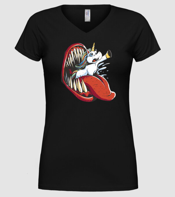 În gura monstrului Unicorn model negru pe tricou
