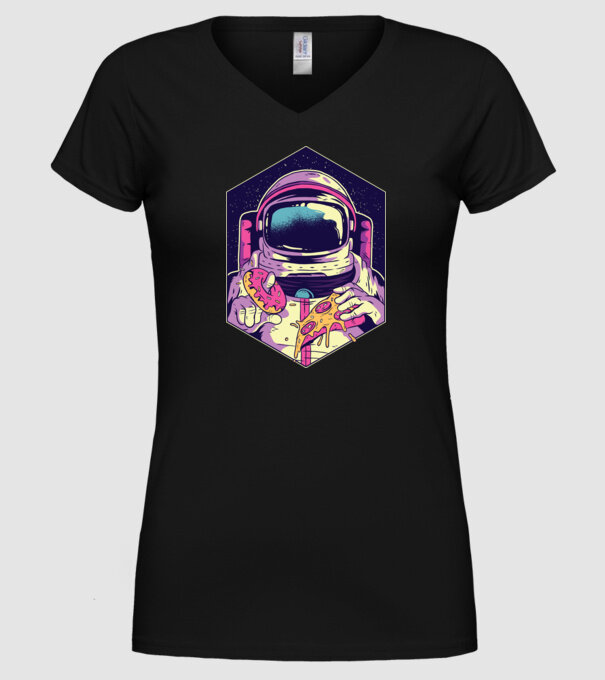 Astronaut Gogoașă și Pizza model negru pe tricou
