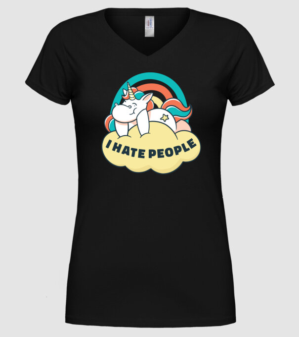 Urăsc oamenii Unicorn model negru pe tricou