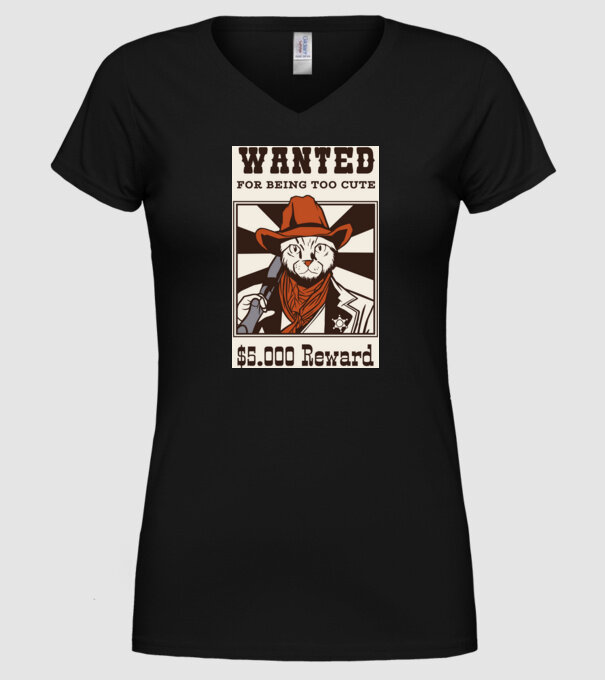 Wanted for being too cute Cowboy cu pisică model negru pe tricou