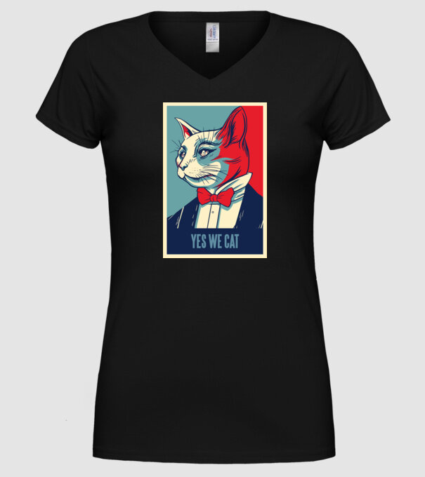 Yes We Cat poster cu pisică model negru pe tricou