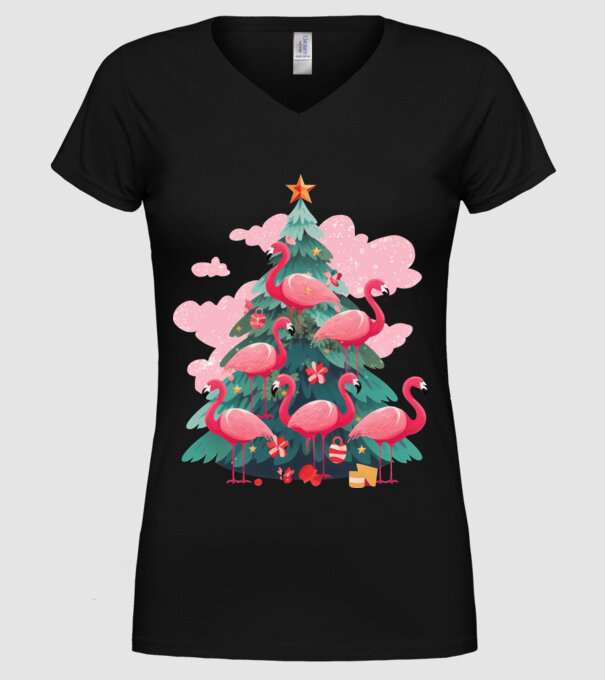 flamingo pom de Crăciun model negru pe tricou