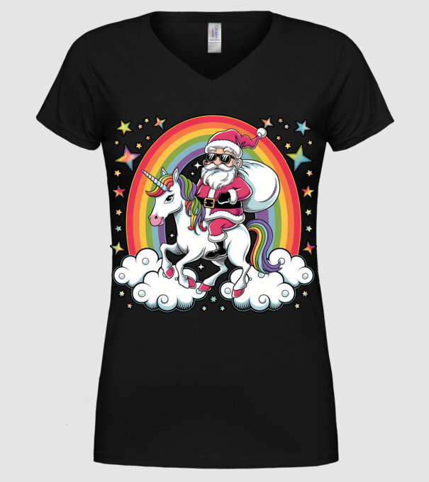 Moș Crăciun cool pe un unicorn model negru pe tricou