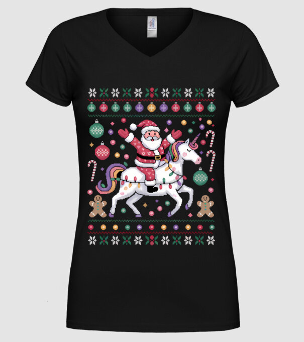 Moș Crăciun pe un pulover urât unicorn model negru pe tricou