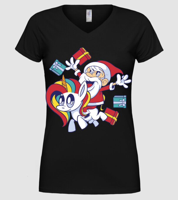 Moș Crăciun pe un unicorn model negru pe tricou