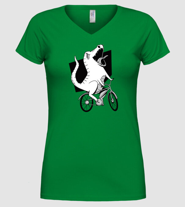 Dinozaur cu bicicletă model verde pe tricou