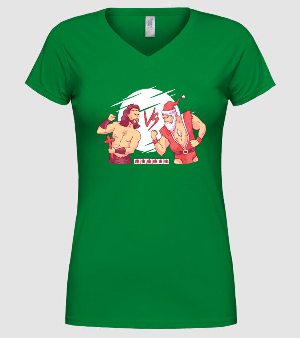 Isus vs Moș Crăciun Street Fighter tricou amuzant Crăciun model verde pe tricou
