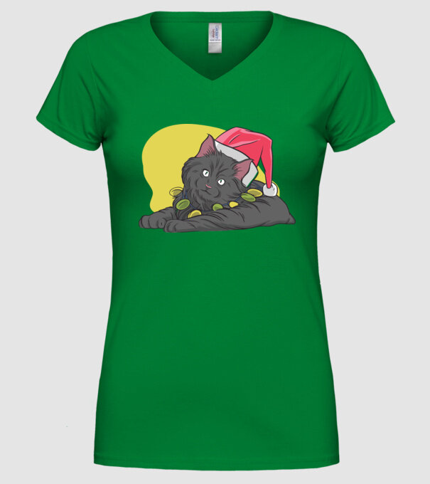 Pisică de Crăciun model verde pe tricou