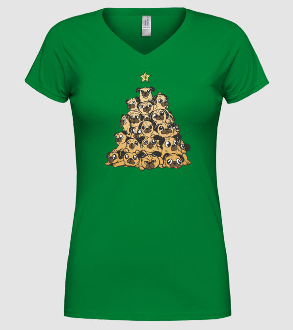 pom de Crăciun cu cățel (mops) model verde pe tricou