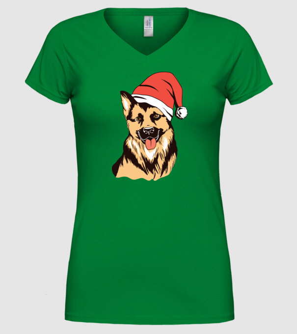 Ciobănesc german în căciulă de Moș Crăciun model verde pe tricou