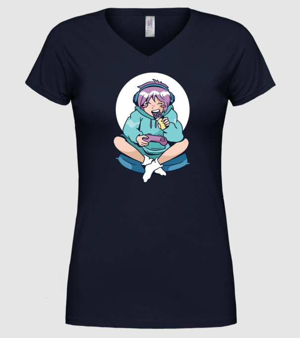Anime Gamer Fată cu ciocolată model albastru închis pe tricou