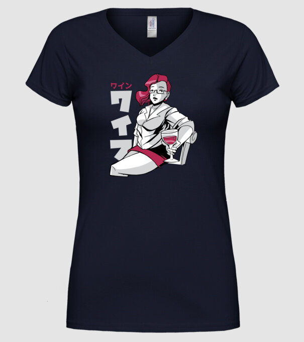 Anime fată cu vin model albastru închis pe tricou
