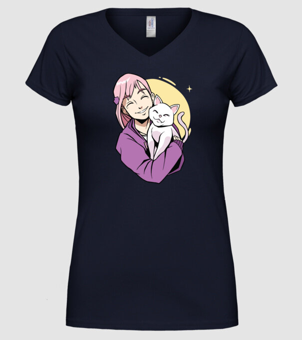 Anime fată cu pisică model albastru închis pe tricou