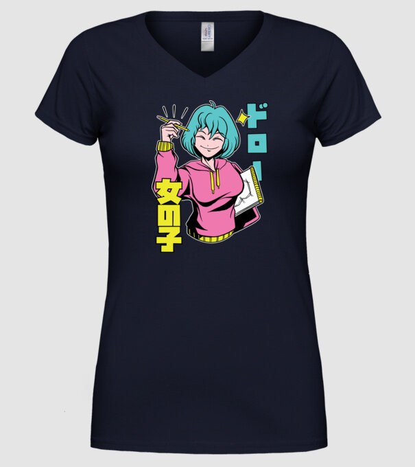 Anime fată desenând model albastru închis pe tricou