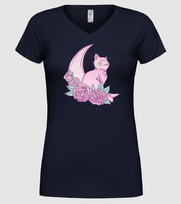 Pisică pe lună model albastru închis pe tricou