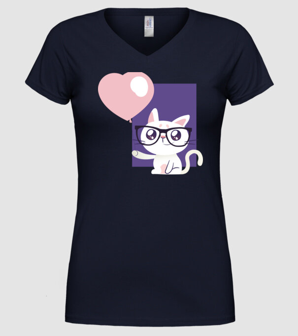 Inimă Pisică cu balon model albastru închis pe tricou