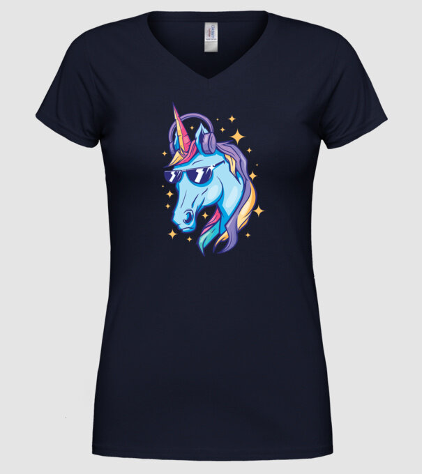 Unicorn strălucitor cu căști model albastru închis pe tricou