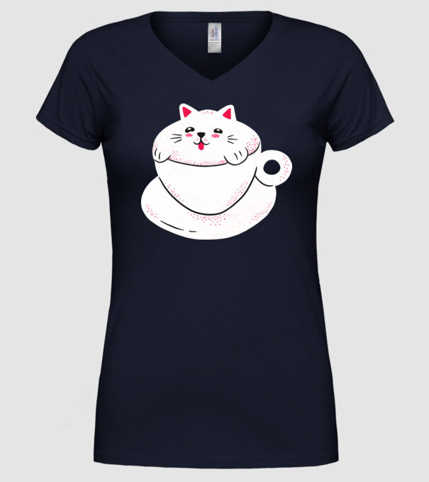 Tricou cafea cu pisică drăguță model albastru închis pe tricou