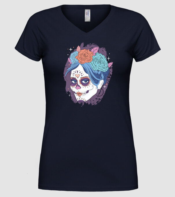 Dia de Los Muertos - Craniu cu flori model albastru închis pe tricou
