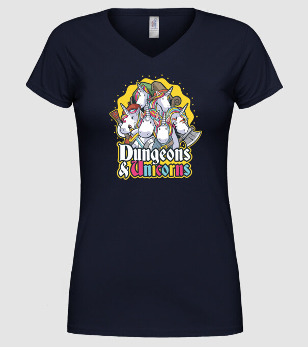 Dungeons and Unicorns model albastru închis pe tricou