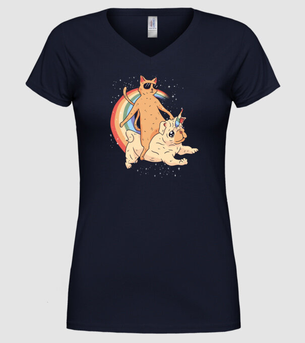 Pisică și Mops unicorn model albastru închis pe tricou