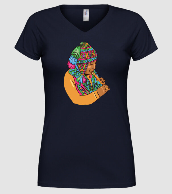 Muzician peruan indigen model albastru închis pe tricou