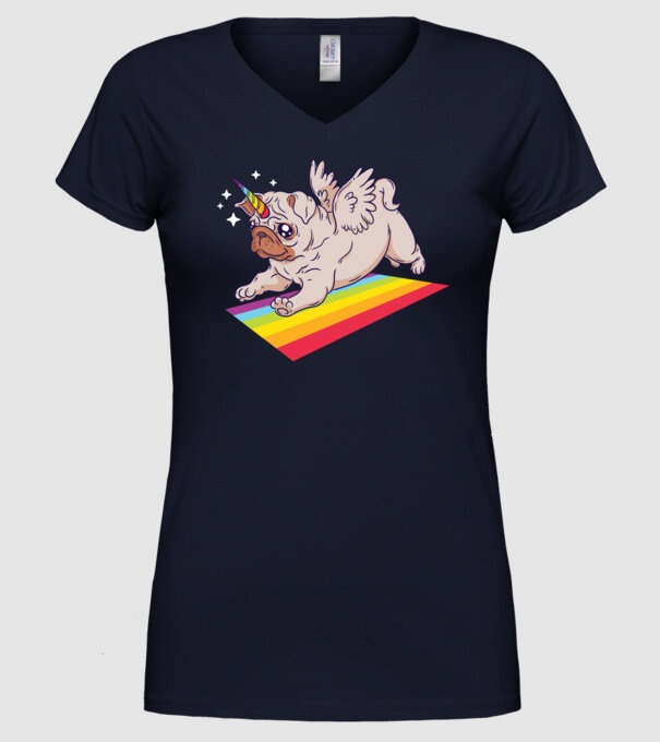 Pugicorn - mops unicorn model albastru închis pe tricou